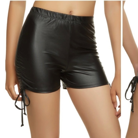 Faux Leather Ruched Side Shorts - Black - Picture 1 of 4